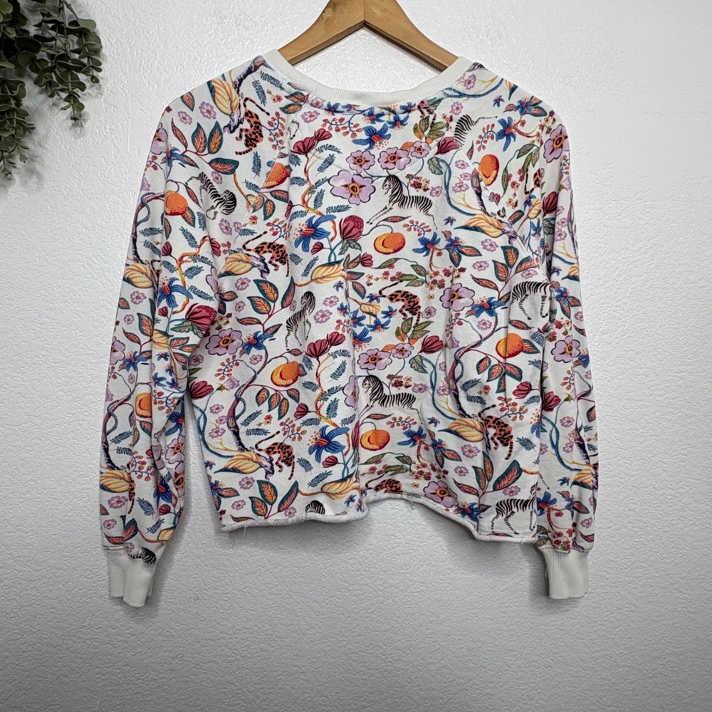 Maeve Anthropologie Ciao Graphic Sweatshirt XS White Floral Zebra Leopard - Picture 6 of 7